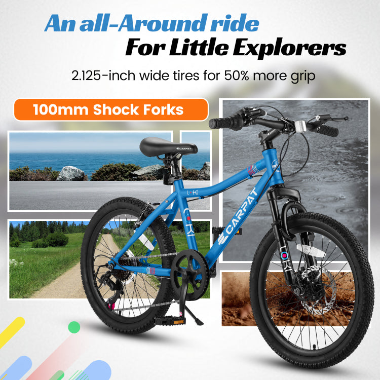 S20101 20 Inch Kids' Bike, Boys Girls Mountain Bike Ages 6 12, 7 Speed Teenager Children Kids' Bicycles, Front Suspension Disc Brake Rear V Brake, High Steel Frame