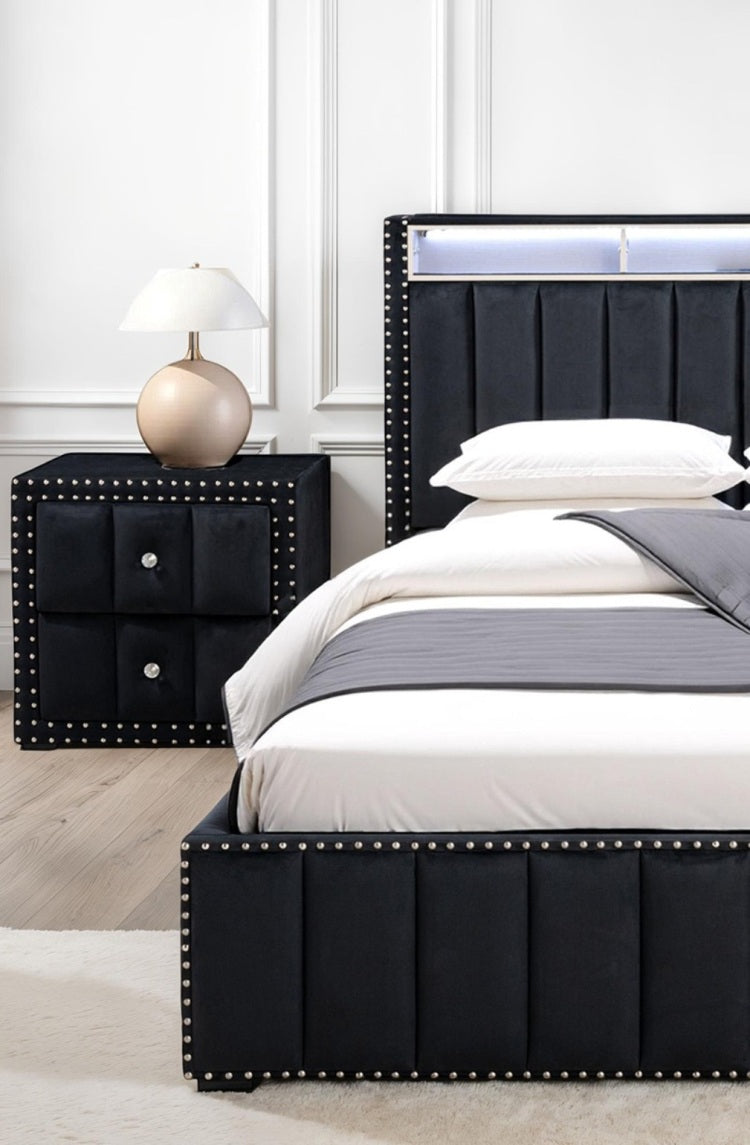 Black Color Contemporary Style 1Pc Nightstand Crystal Like Knobs Vertical Channel Tufting Nailhead Trim Fabric Bedside Table Bedroom Furniture