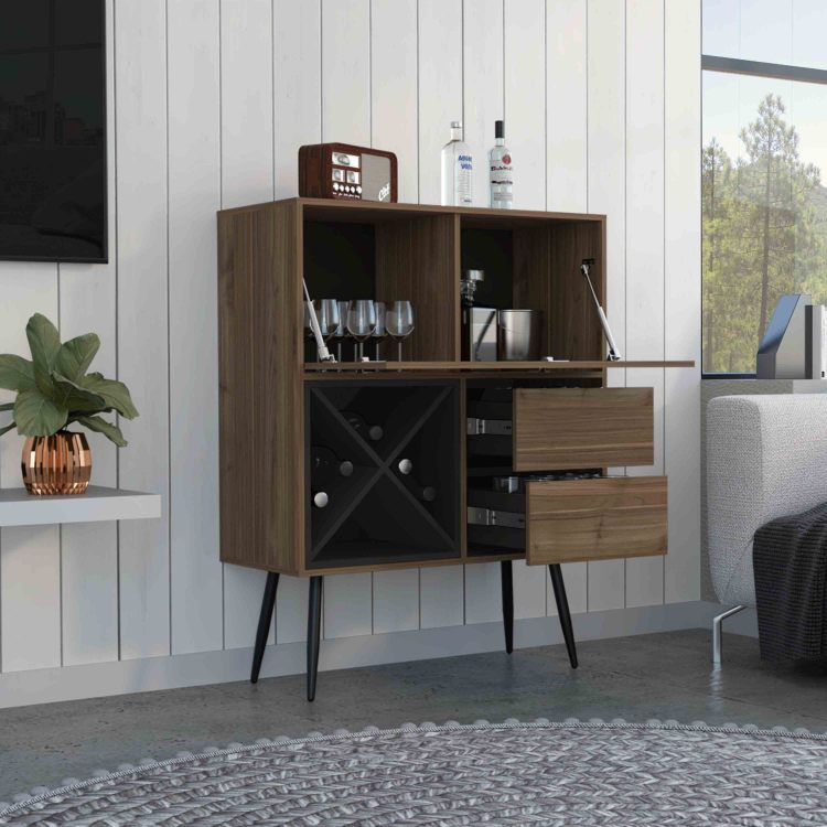 Prunus Bar Cabinet, One Cabinet, Two Drawers Mahogany Black