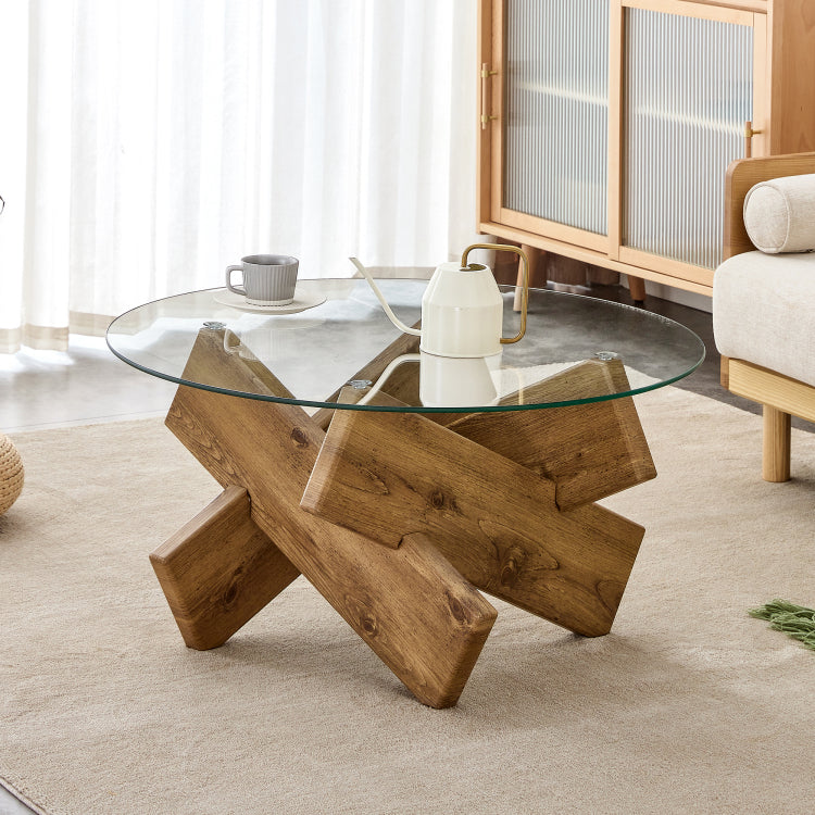 Circular Glass Coffee Table, 33.4 Inch Modern And Distinctive Design Tea Table. Tempered Glass Countertop, Wood Colored Mdf Table Legs. Suitable For Living Rooms And Farmhouses