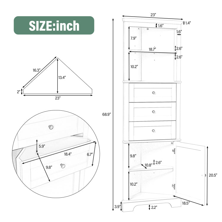 Black Triangle Tall Cabinet With 3 Drawers And Adjustable Shelves For Bathroom, Kitchen Or Living Room, Mdf Board With Painted Finish Wf306469Aag Color