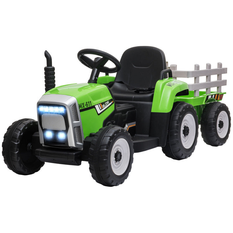 Aosom 12V Ride On Tractor With Trailer, 25W Dual Motors, Battery Powered Electric Tractor With Remote Control, Music Startup Sound And Horn, Led Lights, Green