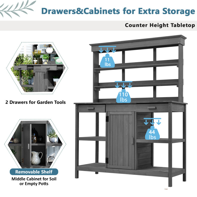 66'' Large Outdoor Farmhouse Wooden Potting Bench Table, Garden Workstation With 2 Drawers,Cabinet And Open Shelves For Backyard, Mudroom, Gray