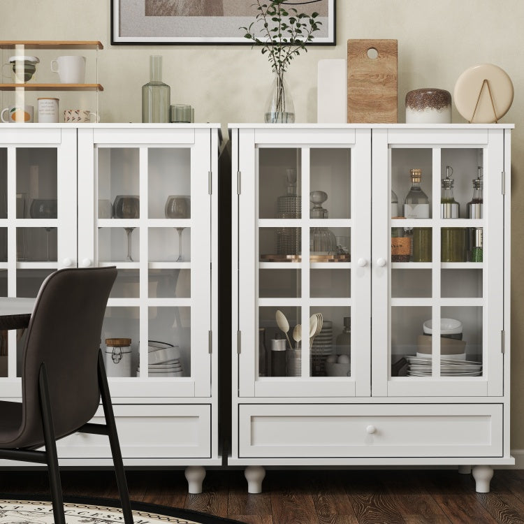 Minimalist White Buffet Cabinet With Double Glass Doors And Drawer, Modern Wooden Storage Sideboard Cupboard For Living Room, Dining Room Hallway Entryway
