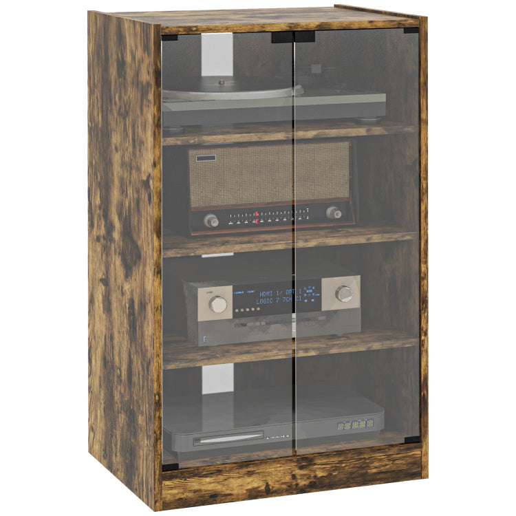 Homcom Media Cabinet, 4 Tier Stereo Cabinet, Modern Audio Video Media Stand With Adjustable Shelves, Tempered Glass Doors, And Cable Management, Rustic Brown