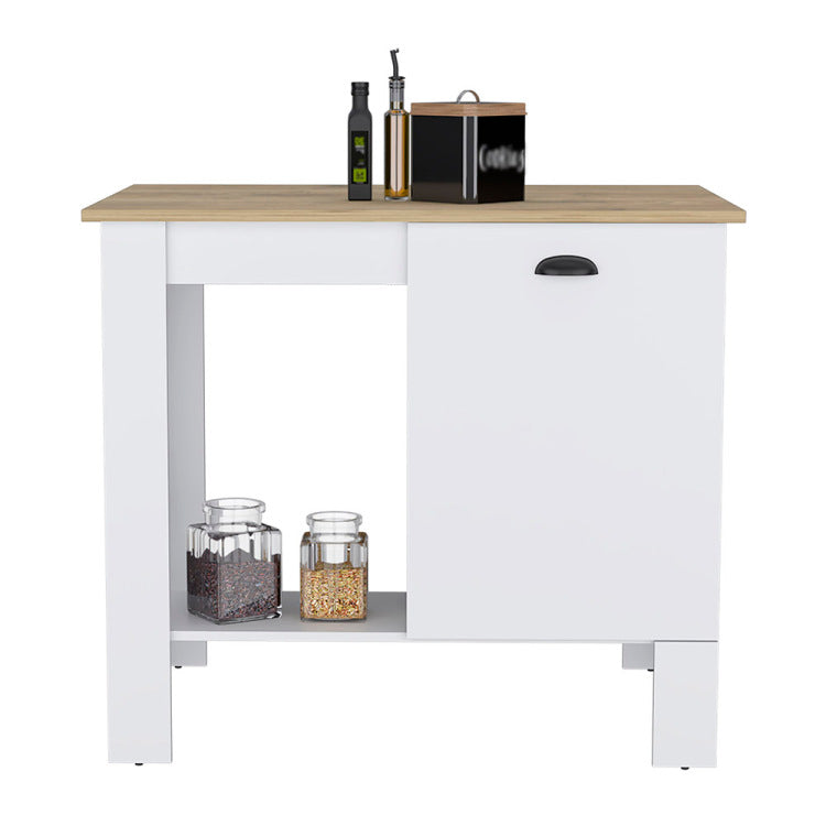 Kitchen Island 35" H, One Storage Cabinet With Door, Two Internal Shelves, One Open Storage Shelf, White Macadamia