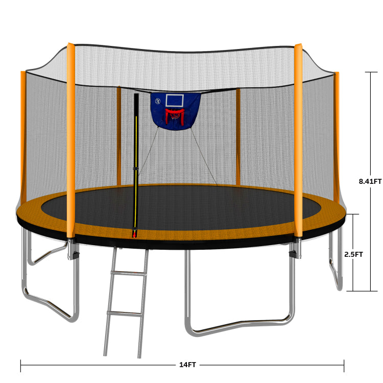 Upgrade 14Ft Trampoline With Basketball Hoop Inflator And Ladder Outer Safety Enclosure Orange