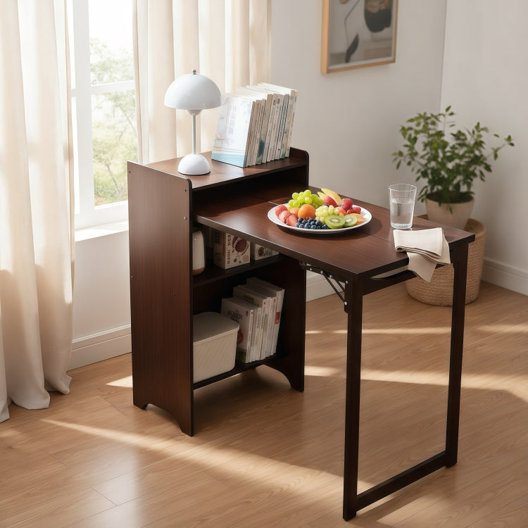 Bamboo Folding Desk, Foldable Desk For Small Space, Computer Desk With Hidden Storage, Mid Century Foldable Table For Home Office And Bedroom Walnut Brown