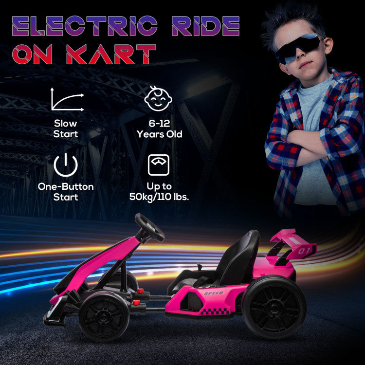 Aosom 24V 7.5 Mph Electric Go Kart With Adjustable Seat, Drifting Car Battery Powered Ride On Toy Outdoor With Slow Start, Button Start, Music, Honking Horn, Lights, For 6 12 Years Old, Pink