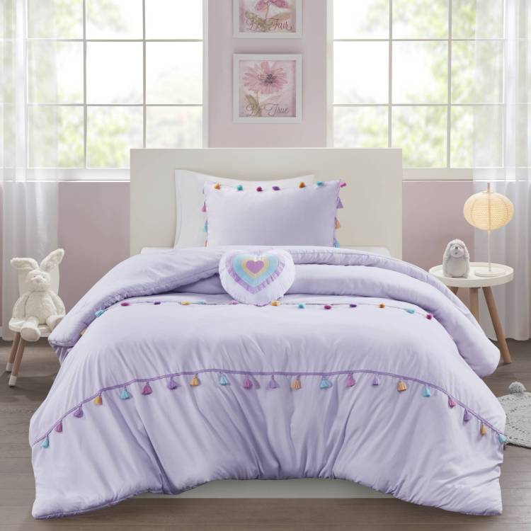 3 Pcs Twin Tassel Comforter Set With Heart Shaped Throw Pillow Lavender