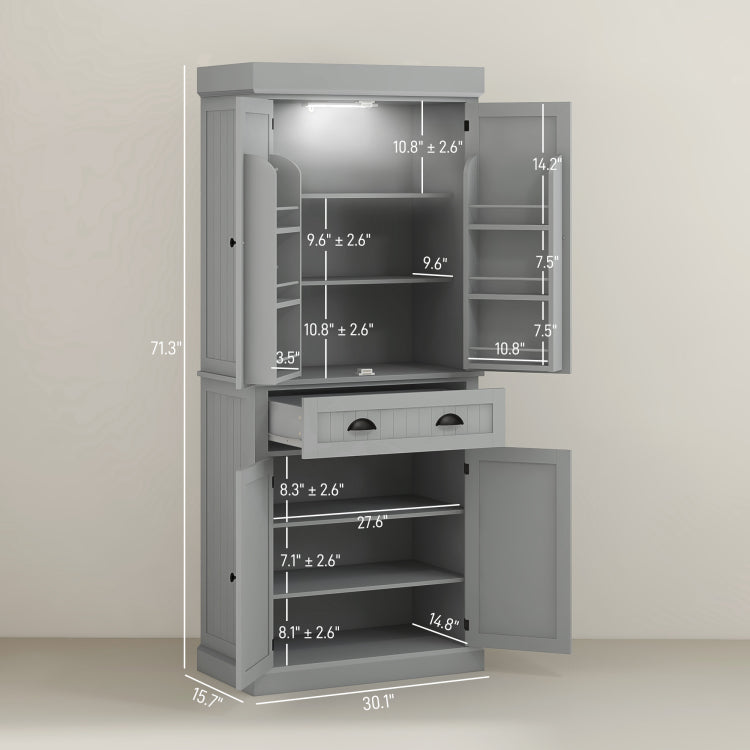 Modern Style Kitchen Pantry Cabinet With Led Lights,Door Shelves,Drawer And Adjustable Shelves