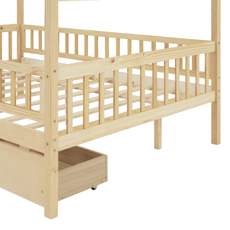 Full Size Wooden House Bed With Two Drawers, Natural