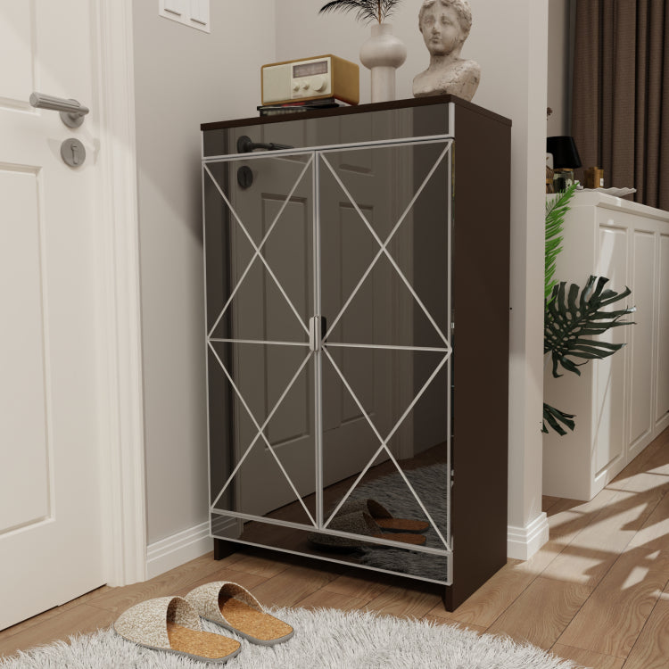 Elegant Decor Mirrored Cabinet With Silver Edging,Mirrored Cabinet With Double Door Storage,Shoe Storage Cabinet For Entryway,Glass Brown Finish