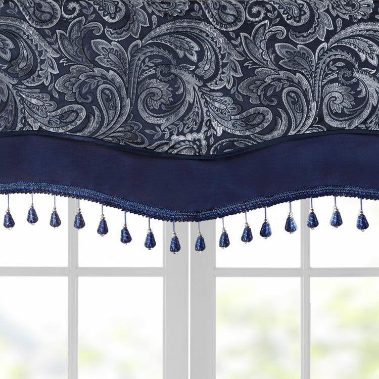 Jacquard Window Rod Pocket Valance With Ds Navy 50X18"