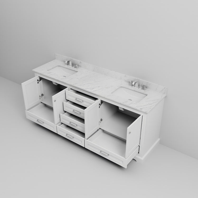 White Double Bath Vanity 80 In. W X 22 In. D, Carrara Marble Top, And Faucet Set