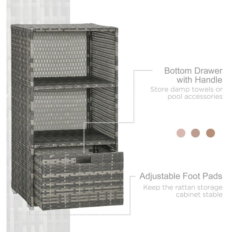 Outsunny Valet Pool Towel Rack, Waterproof Pe Plastic Rattan Wicker Storage Organizer, Indoor Outdoor Spa, And Hot Tub Accessory Storage, 2 Shelves, 1 Basket Drawer, Gray