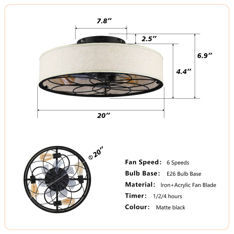 20" Low Profile Fabric Farmhouse Bladeless With Remote Control,Low Profile Modern Enclosed S With Reversible Motor For Living Room, Bedroom,Kitchen Not Included Bulbs