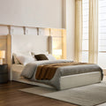 Carmen Upholstered Wingback Bed Upholstered Platform Bed Frame 54" High Headboard Simplicity Minimalist No Box Spring Needed Easy Assembly Queen Textured Ivory Canvas No Noise