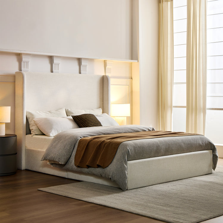 Caron Upholstered Wingback Bed 54" High Headboard Simplicity Minimalist Without Wooden Slats Box Spring Request Easy Assembly Queen Textured Ivory Canvas Chenille