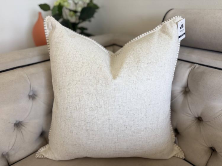 Homey Cozy Ivory Linen Style Throw Pillow With Decorative Stitching For A Refined, Natural Look