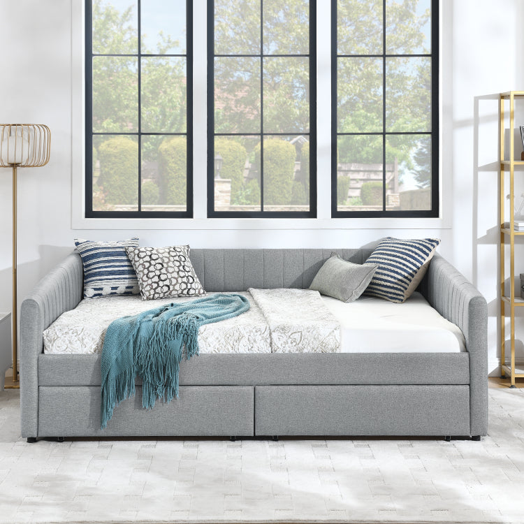 Queen Size Daybed With Two Drawers Trundle Upholstered Sofa Bed, With Vertical Stripes Linen Fabric, Grey 86.5"X65"X30"
