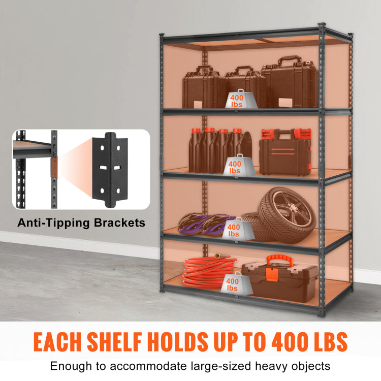 Storage Shelving Unit, 5 Tier Adjustable, 2000 Lbs Capacity, Heavy Duty Garage Shelves Metal Organizer Utility Rack, Black, 48" L X 24" W X 72" H For Kitchen Pantry Basement Bathroom Laundry