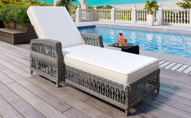 Outdoor Long Reclining Chaise, Wicker Lounge With Armrests, Patio Adjustable Recliner With Soft Removable Cushions, All Weather Rattan Pool Lounge For Poolside & Garden, Beige