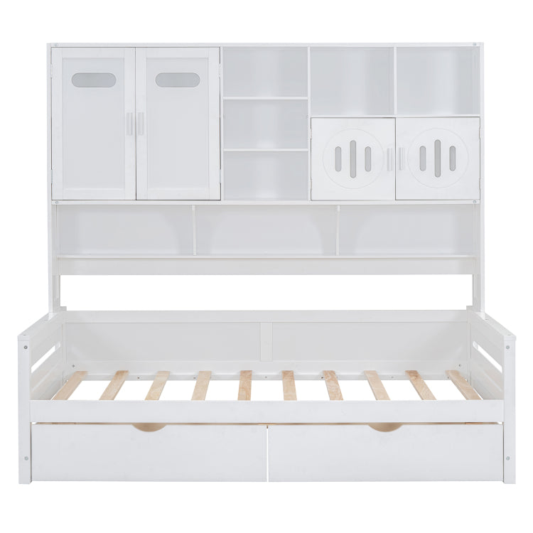 Twin Size Wooden Daybed With 2 Drawers, And All In One Cabinet And Shelf, White