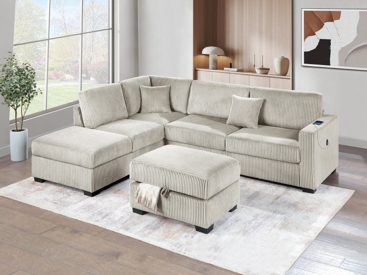 Camel Wide Welt Corduroy Sectional Sofa Reversible Chaise Sofa W Usb Storage Ottoman Upholstered Couch Pillows 3Pc Set Living Room