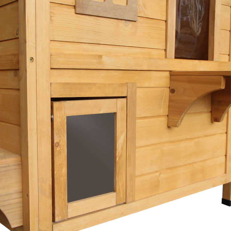 Pawhut 2 Story Cat House Outdoor, Weatherproof Wooden Cat Enclosure For Feral Cats With Escape Door, Openable Roof, Jumping Platforms, Natural