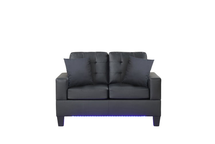 Gemma 55.5"W Black Pvc Fabric Loveseat With Led Lights, Usb Charger, Tufted Cushions