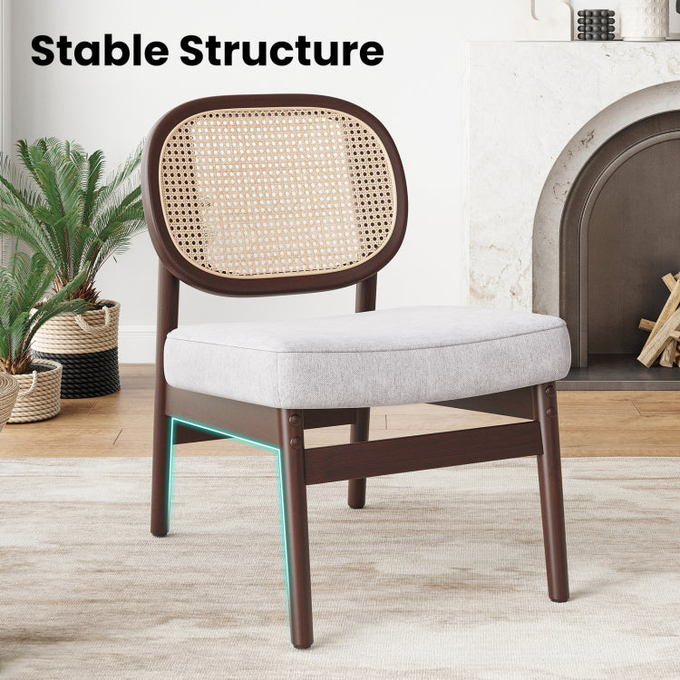 Rattan Accent Chair, Upholstered Living Room Chair With Rattan Back & Wood Frame, Mid Century Modern Reading Chair For Living Room, Bedroom, Beige
