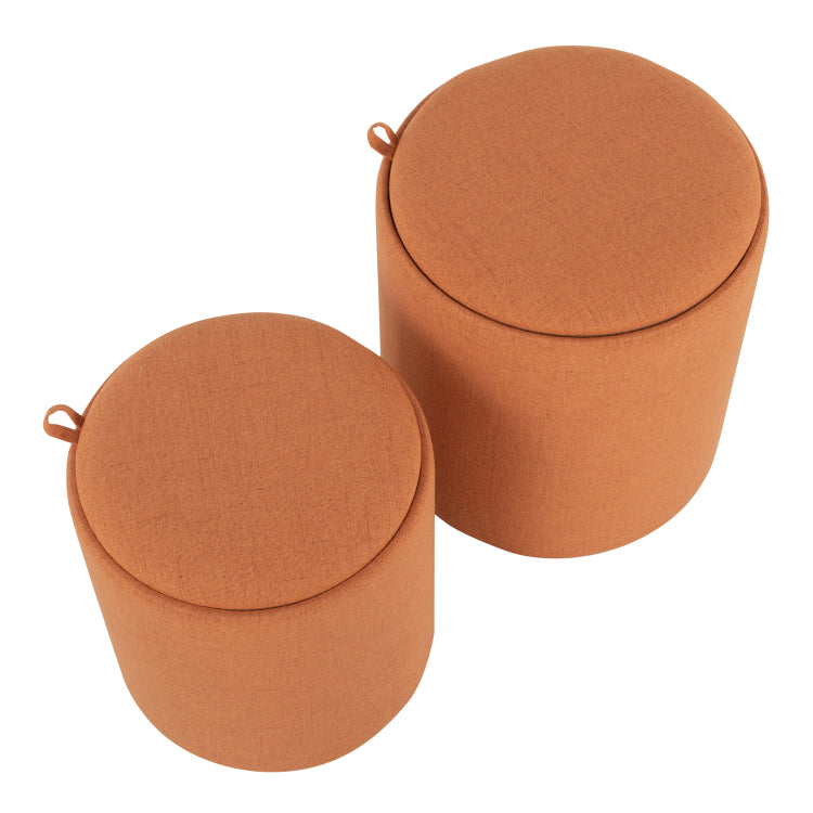 Contemporary Nesting Ottoman Set In Orange Fabric And Natural Wood
