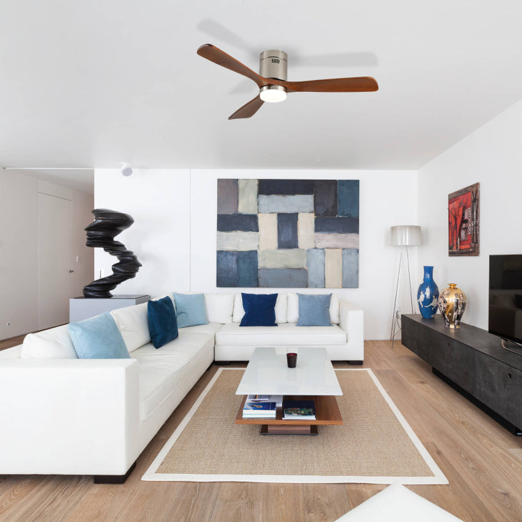 52 Inch With Light, 3 Light Walnut Solid Wood Blades,Remote Control,6 Speed Reversible Dc Motor For Bed Room,Dining Room,Living Room