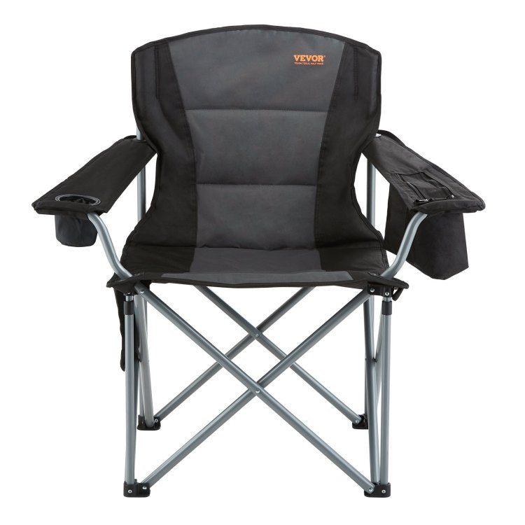 Camping Folding Chair For Adults, Portable Heavy Duty Outdoor Quad Lumbar Back Padded Arm Chairs With Side Pockets, Cup Holder And Cooler Bag For Beach, Lawn, Picnic, Fishing, Backpacking, Black