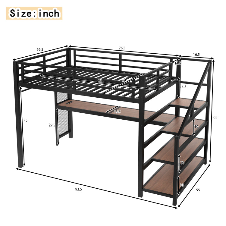 Full Loft Bed With Desk And Storage Stairs, Metal Loft Beds With Led Lights, Usb Ports, Multifunctional Iron Nets, No Spring Box Needed And Noise Free, Black