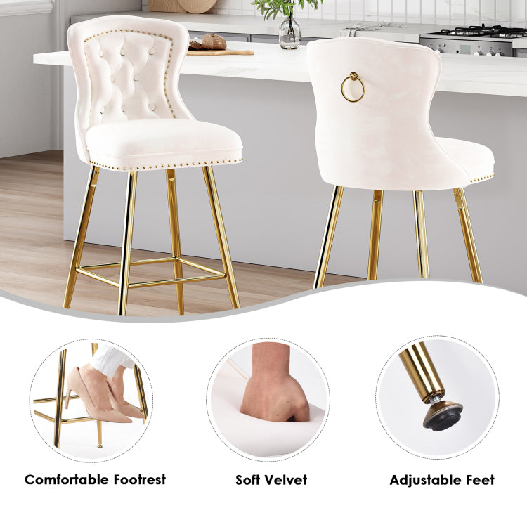 Bar Stools Set Of 2, Velvet Counter Height Bar Stools With Metal Legs, Button Tufted And Nailheads Trim, Wing Back Bar Chairs For Kitchen Island Dining Room Pub, Beige