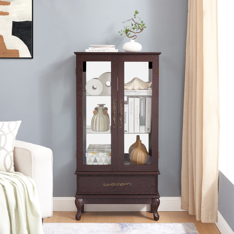 Curio Cabinet Lighted Glass Cabinet Glass Wine Cabinet Curio Display Cabinet With Adjustable Glass Shelves 2 Doors And 1 Drawer Cabinet Sideboard With Bulb Included Dark Cherry
