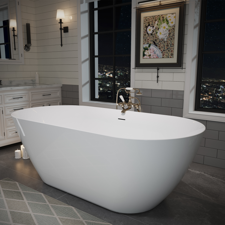 63" Acrylic Freestanding Bathtub, Oval Deep Soaking Bathtub With Center Pop Up Drain & Integrated Overflow, Contemporary Stand Alone Bath Tub For Bathroom Spa Or Home Upgrade, Glossy White Th 26A09