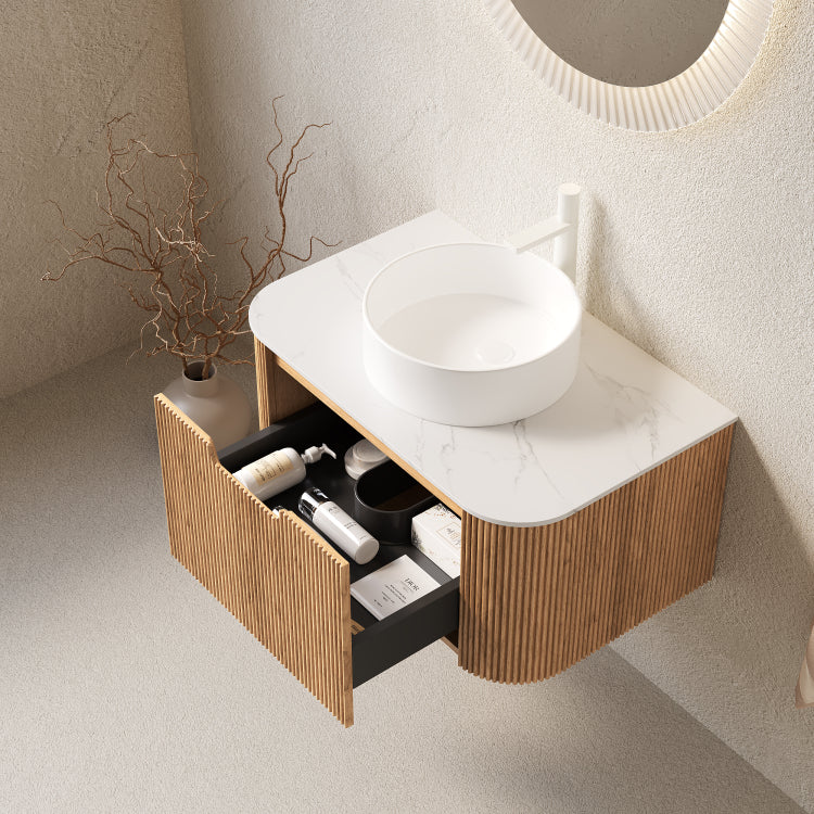 Dina 30" Bathroom Vanity&Sink, Floating Curved Edges Striped Bathroom Storage Cabinet With Drawer, White Round Ceramic Basin&Carrara White Artificial Marble Top, Pre Assembled, Natural Woodgrain