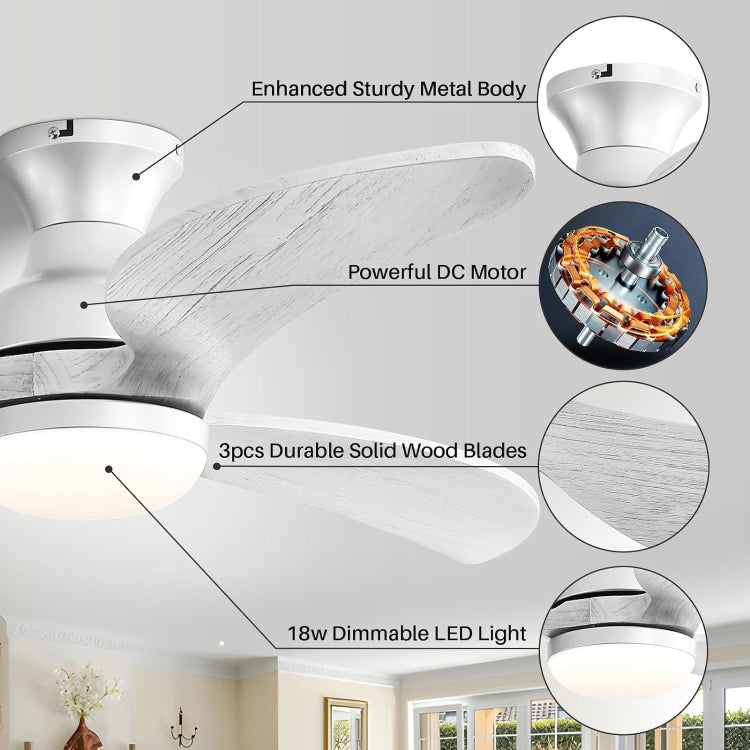 52 Inch Modern With 3 Color Dimmable Solid Wood Blades Remote Control Reversible Dc Motor For Bedroom