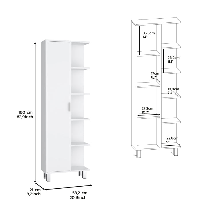 Keller Linen Cabinet 63" H, With 1 Door And 9 Shelves, White