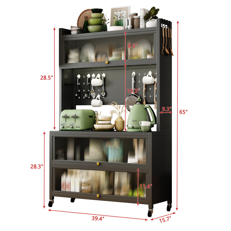 65'' Tall Kitchen Bakers Rack With Flip Door Cabinet, 5 Tier Multifunctional Microwave Stand Buffet, Coffee Bar, Quick Assembly, Gray