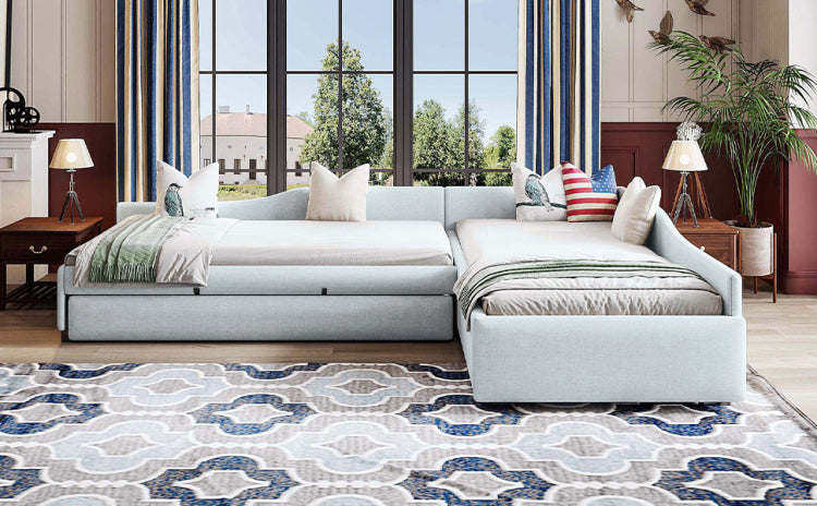 Upholstered Double Twin Size Daybed With Trundle And Drawer, Beige