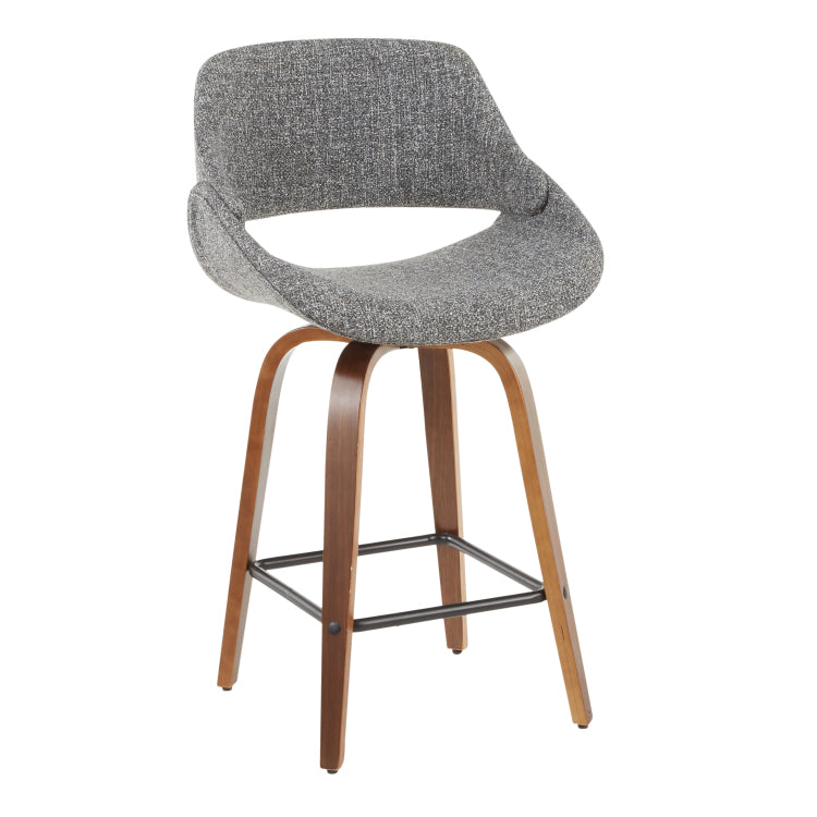 Mid Century Modern Counter Stool In Walnut And Grey Noise Fabric Set Of 2