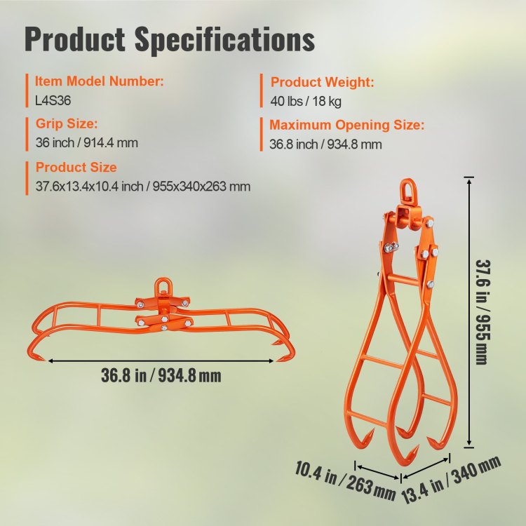 Timber Claw Hook, 36 Inch 4 Claw Log Grapple For Logging Tongs, Swivel Steel Log Lifting Tongs, Eagle Claws Design With 3307 Lbs 1500 Kg Loading Capacity For Tractors, Atvs, Trucks, Forklifts