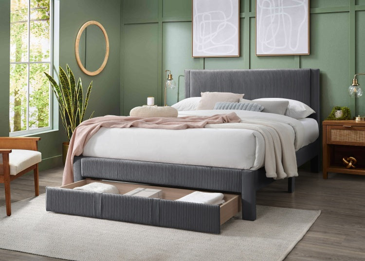 Contemporary 1Pc Queen Size Bed W Storage Drawer Charcoal Corduroy Texture Design Platform Bedframe