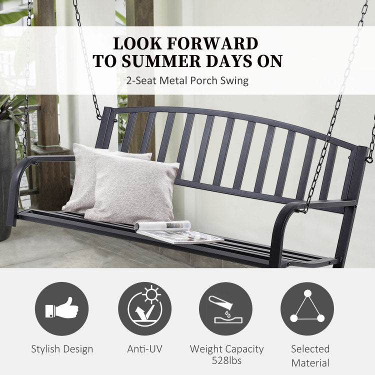 Outsunny 2 Person Front Porch Swing Patio Swing Bench, Outdoor Steel Swing Chair With Sturdy Chains, For Backyard, Deck, 528 Lb Weight Capacity, Black