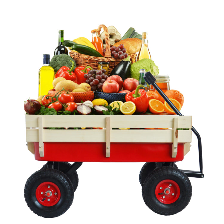 Outdoor Sport Wagon Tools Cart Wooden Side Panels Air Tires Wagon Red