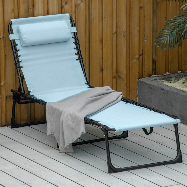 Outsunny Folding Chaise Lounge Pool Chair, Patio Sun Tanning Chair, Outdoor Lounge Chair W 4 Position Reclining Back, Pillow, Mesh & Bungee Seat For Beach, Yard, Patio, Baby Blue